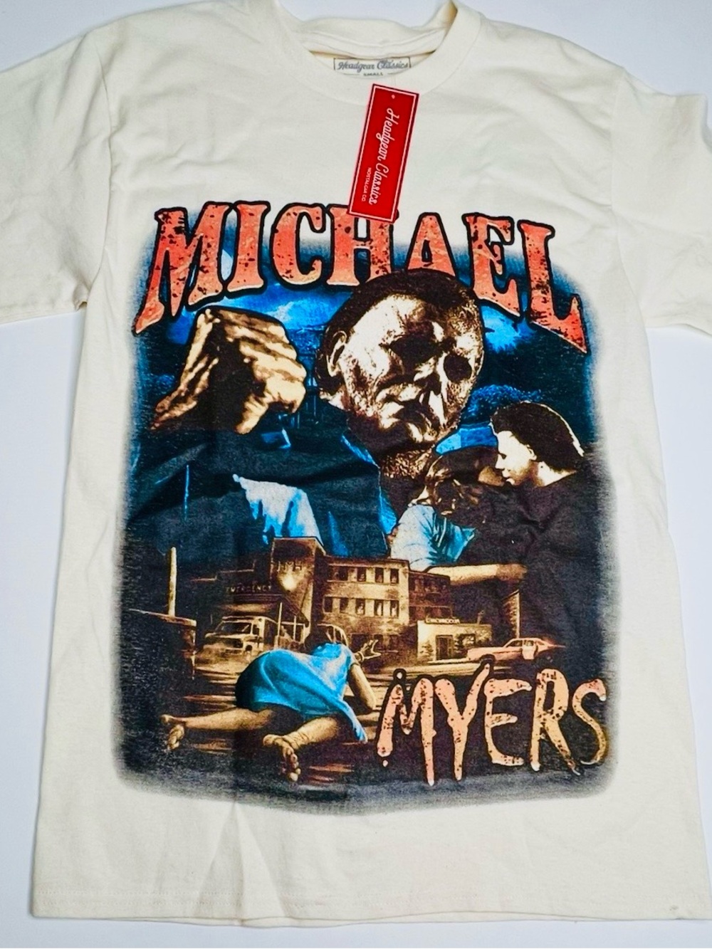 Vintage-Style Cream Graphic Short Sleeve Tee - Michael Myers Print